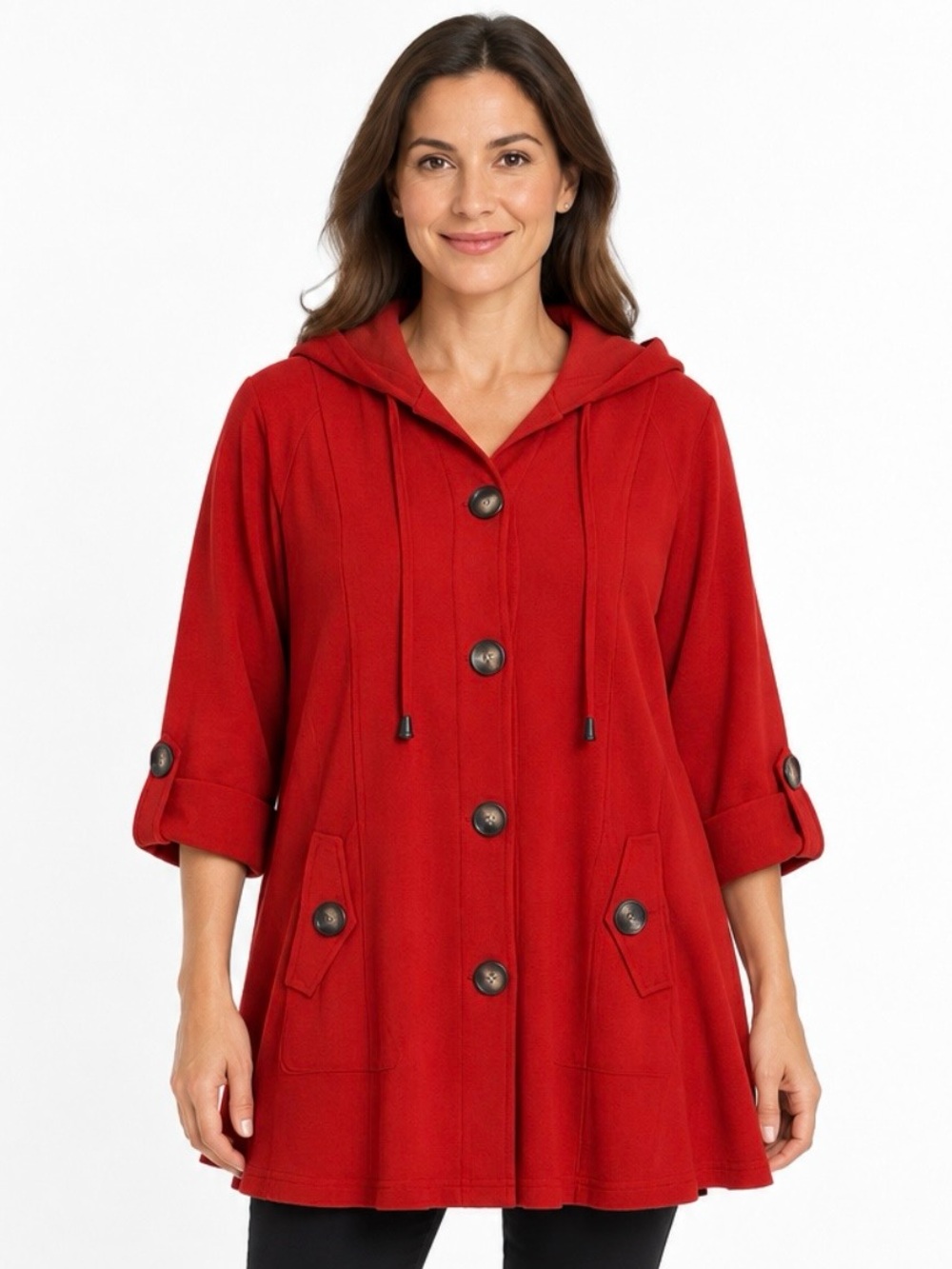 For Cynthia Red Knit Swing Jacket Hooded Button Front Cuff 3/4 Sleeves Large